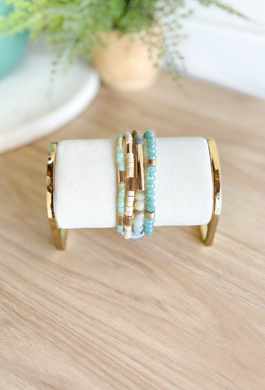 Eliza Bracelet Set in Mint, stack of 4 bracelets, various beads in the colors teal, cream, seafoam, and gold