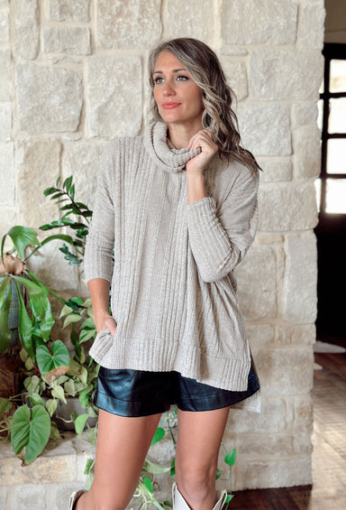 Fall Delight Sweater, taupe turtle neck sweater with ribbing 