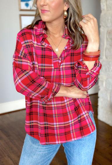 Fall Lover Flannel Top, pink, cranberry, lilac, anc black flannel 