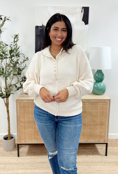 Feeling Sparks Pearl Sweater in Almond, knit sweater with quarter length button down pearl buttons