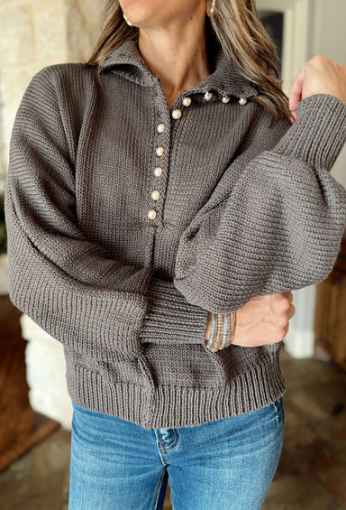 Feeling Sparks Pearl Sweater in Charcoal, knit sweater with quarter length button down pearl buttons