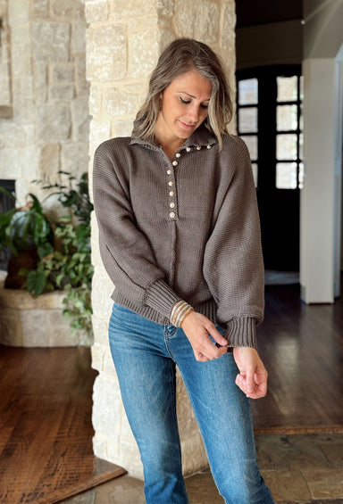 Feeling Sparks Pearl Sweater in Charcoal, knit sweater with quarter length button down pearl buttons