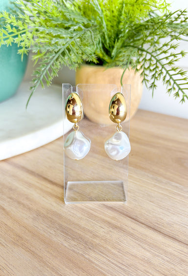 Filled With Hope Earrings, gold oval post earring with large pearl charm