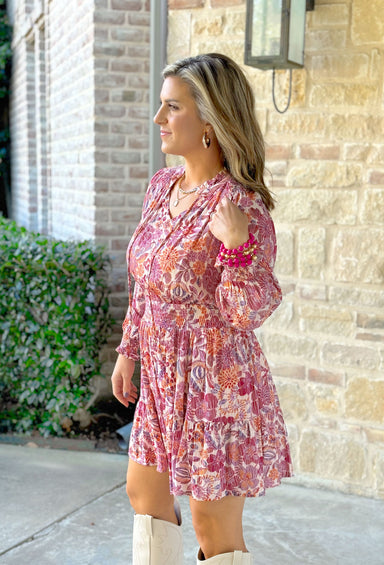 Free Your Mind Floral Dress, magenta, pink. orange, white, blue, floral print dress with cinching on the waist and wrists