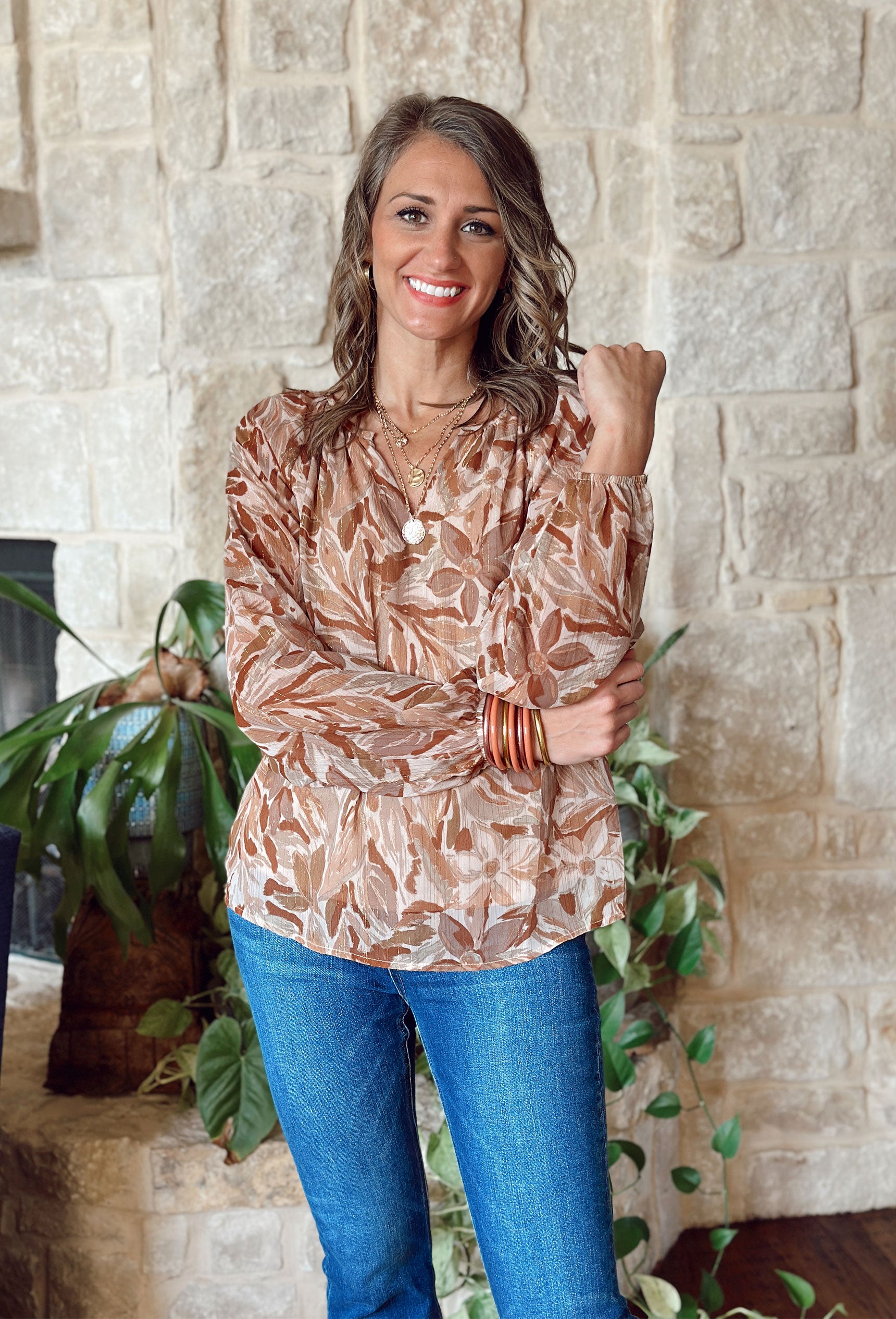 Fresh Take Floral Blouse, tan blouse with abstract tan, cream, and taupe floral print