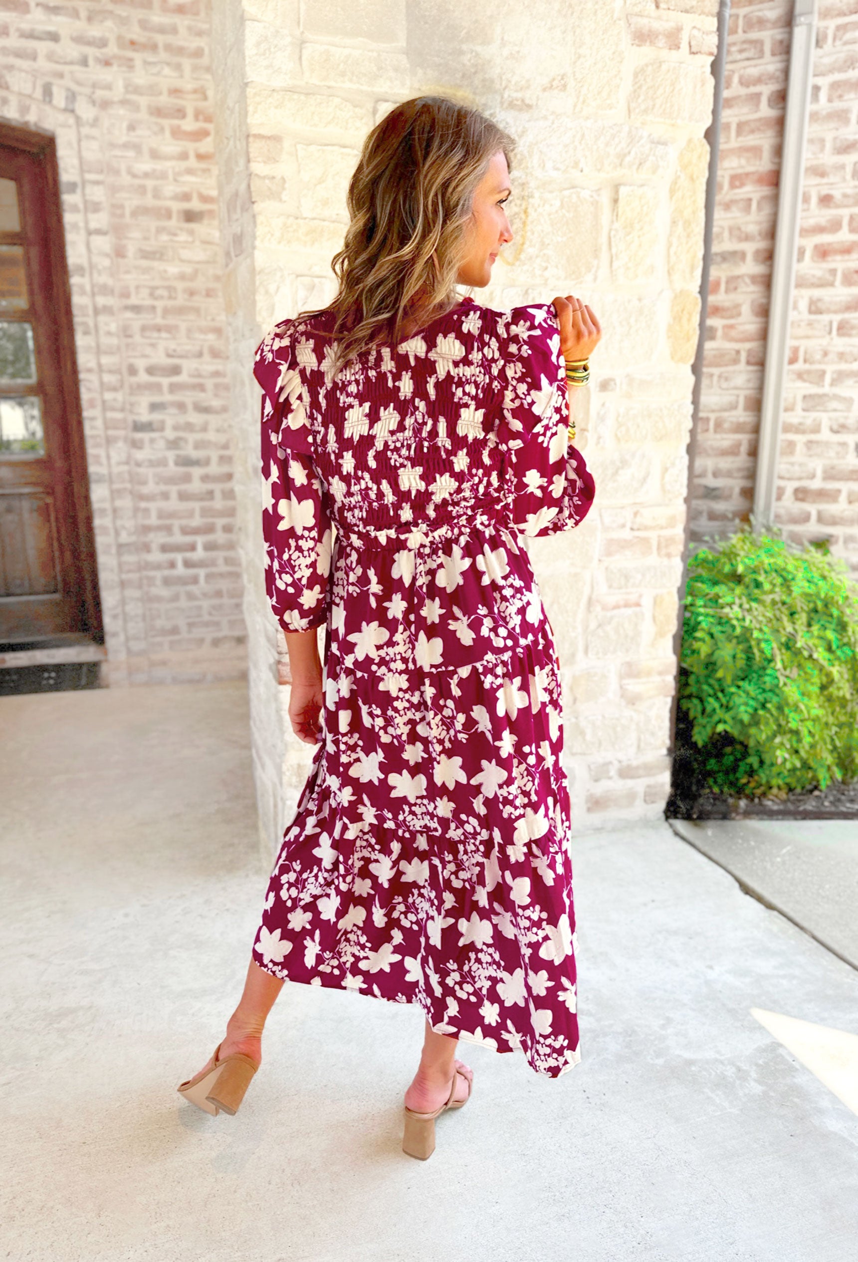 Gabrielle Floral Midi Dress, maroon and cream floral midi quarter sleeve dress with cinching on the chest and a soft v-neck