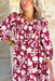 Gabrielle Floral Midi Dress, maroon and cream floral midi quarter sleeve dress with cinching on the chest and a soft v-neck