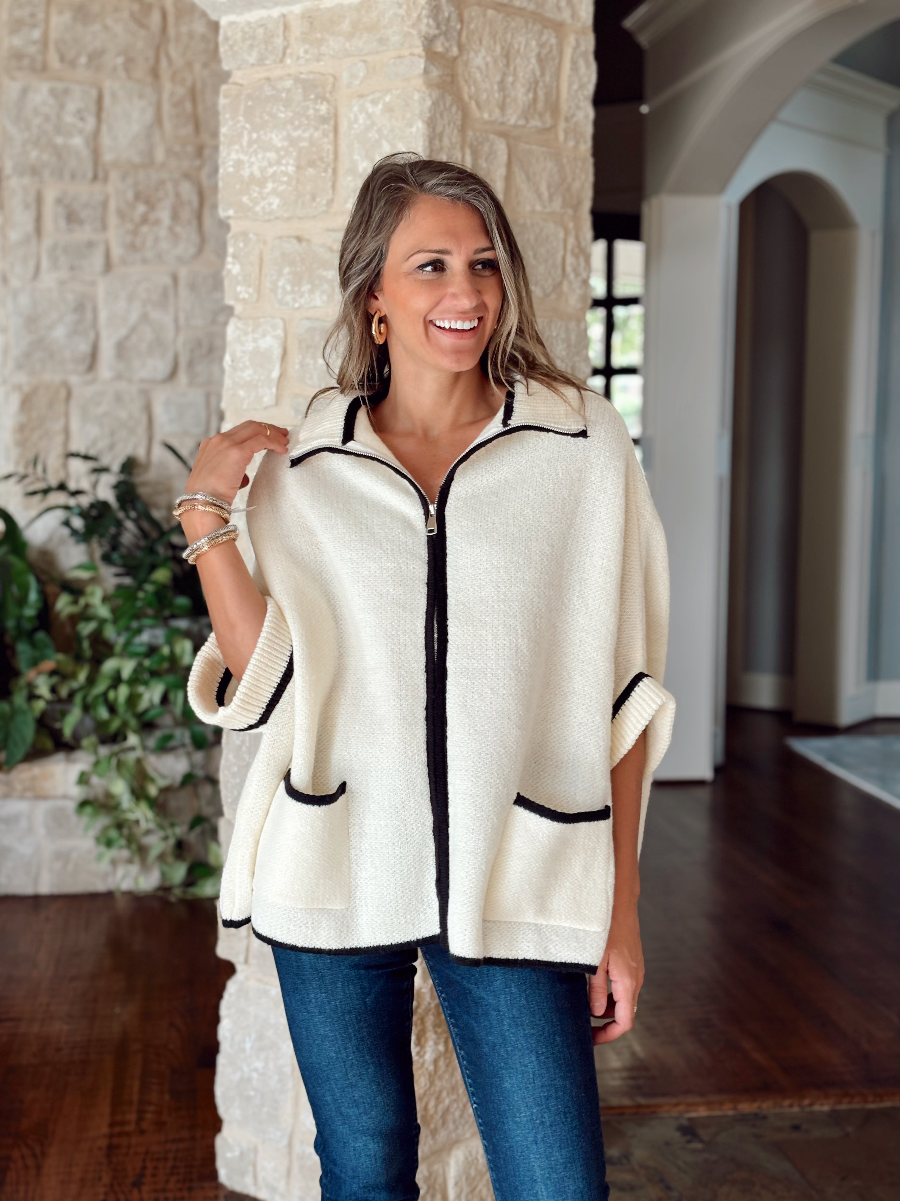Give It A Rest Cardigan, dolman sleeve white knit zip-up cardigan with black hemming
