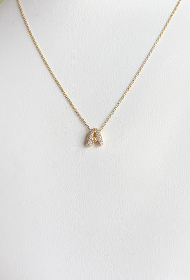 Gold Pave Initial Necklace, dainty gold rhinestone puff letter necklace