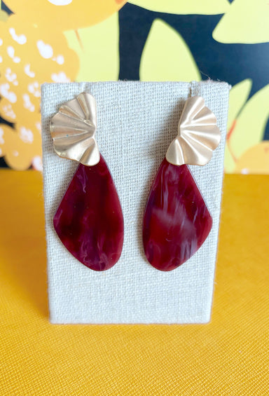 Good Intentions Earrings in Burgundy, gold wavy attachment with acrylic abstract oval in burgundy