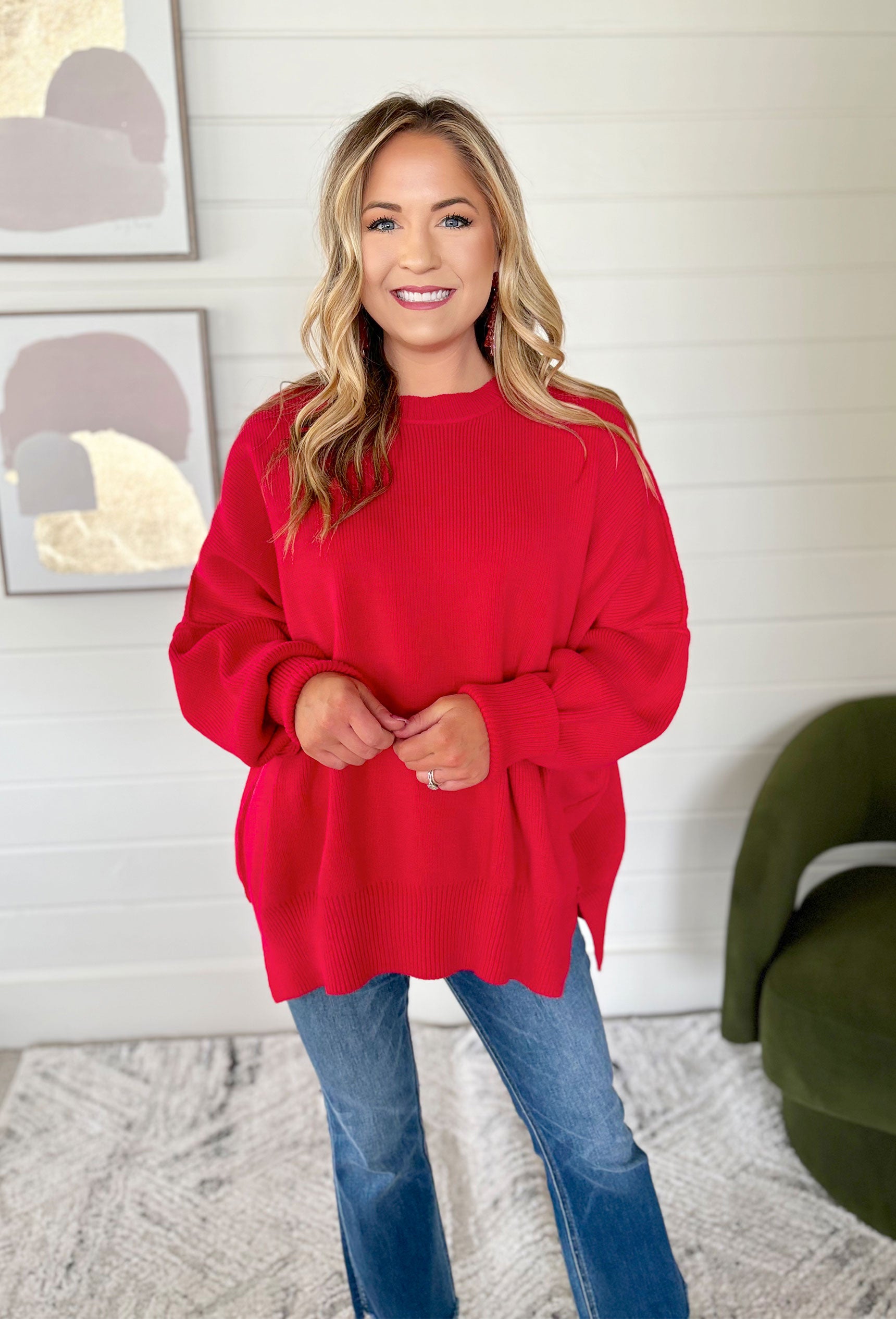 Headed To Denver Sweater in Cream, ribbed heavy knit oversized sweater in red