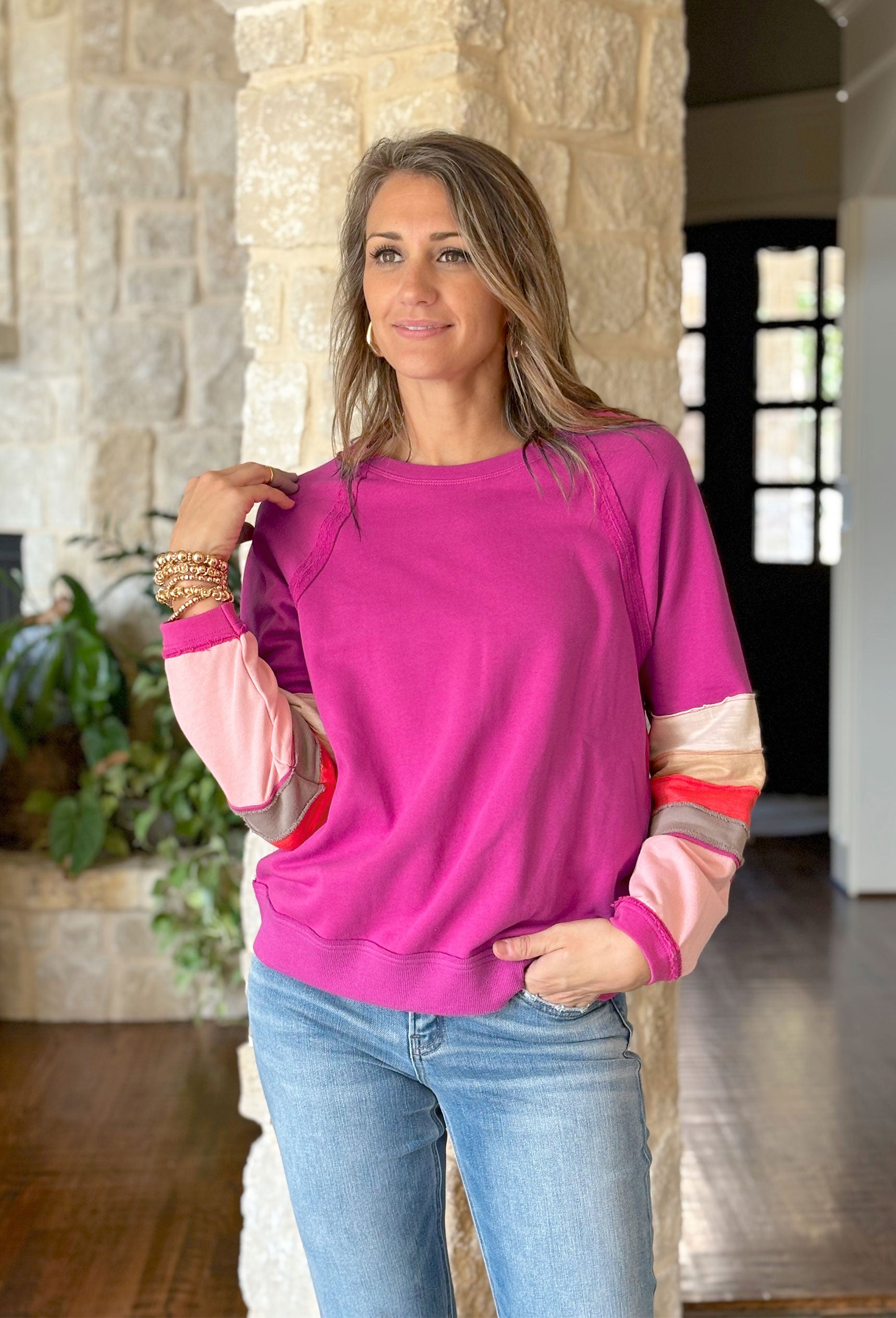 Heart On The Line Top, magenta crewneck with cream, tan, red, light pink, and taupe stripes