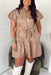 Heidi Faux Leather Dress in Tan, faux leather dress with flare short sleeves, collar, tie waist, button up, and tiering