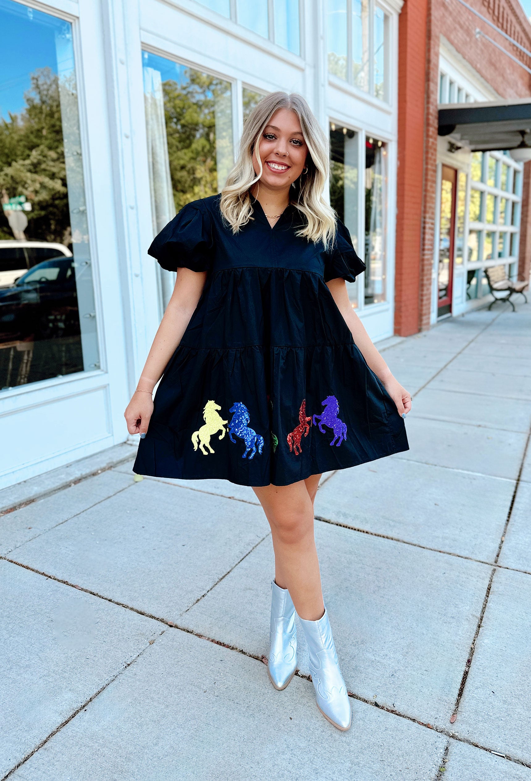 Horsing Around Sequin Dress, black babydoll dress with yellow, blue, green, red, and purple sequin horse on the bottom tier