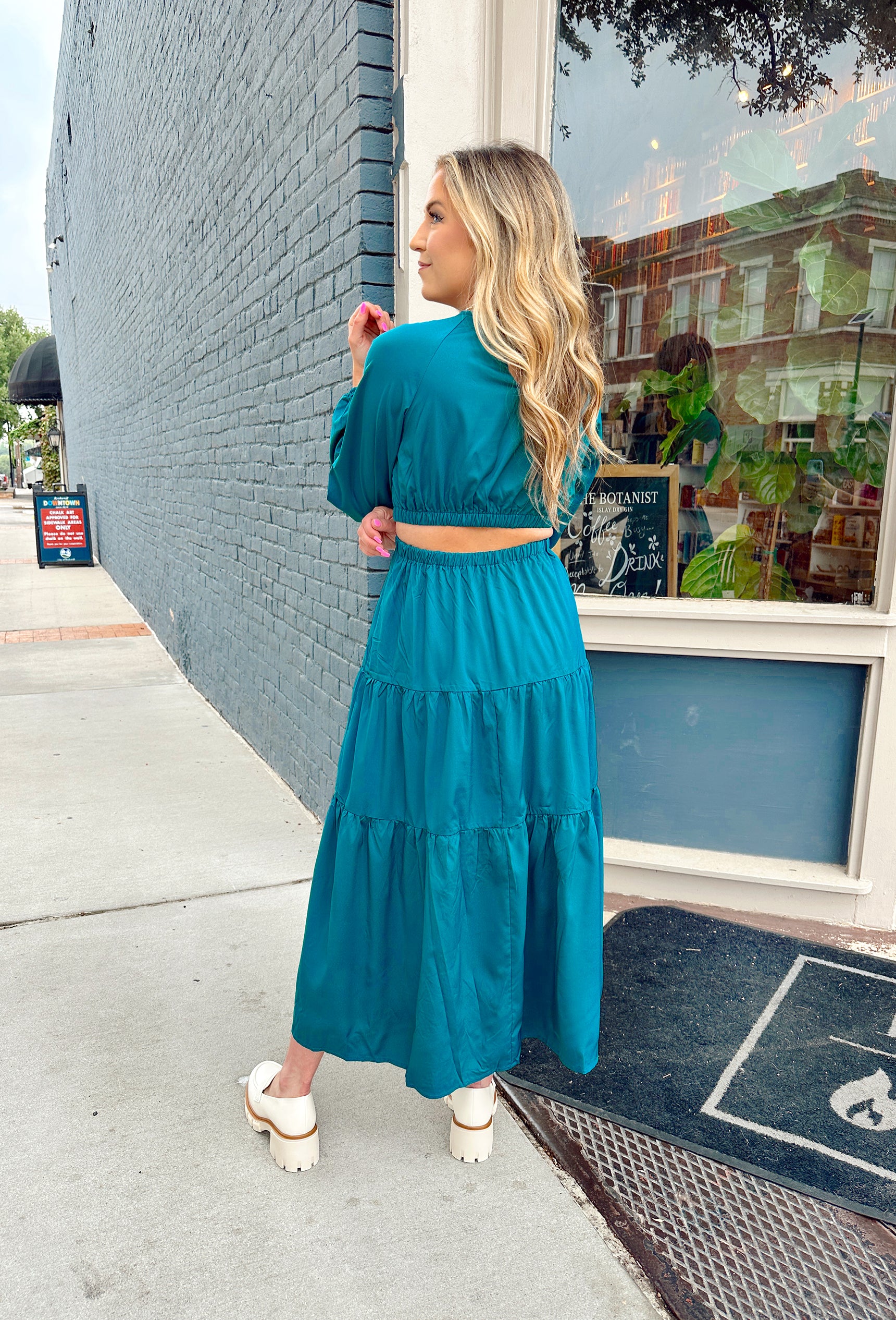 Into The Blue Midi Dress, long sleeve tiered dress with blouse sleeves and open back