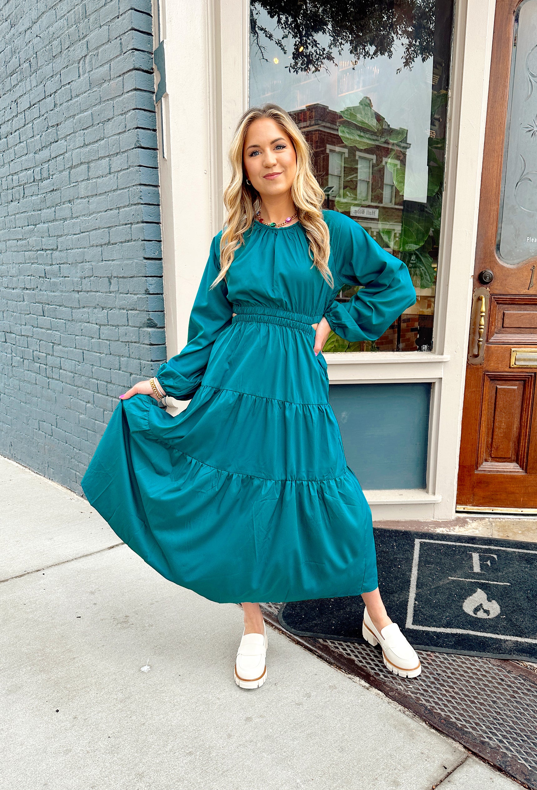 Into The Blue Midi Dress, long sleeve tiered dress with blouse sleeves and open back