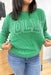 Jolly Corded Crew, kelly green corded crew with words "jolly" on the front in white