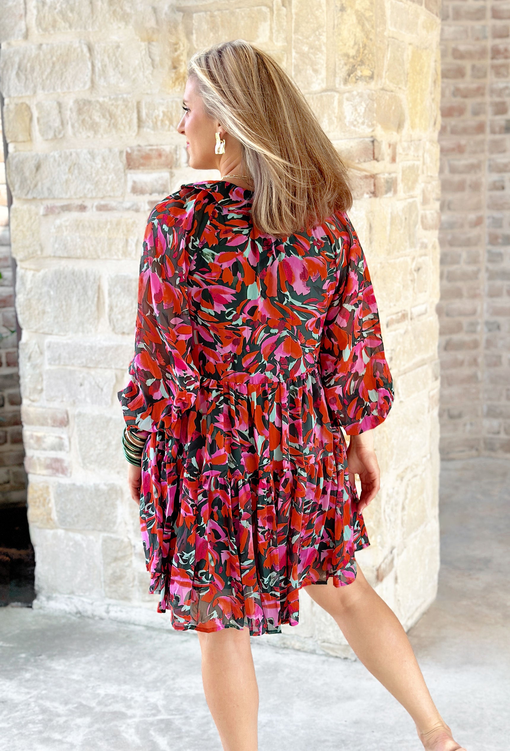 Just Imagine Floral Dress, red, magenta, green and black floral long sleeve dress, sleeves are blousey with cinching at the wrist