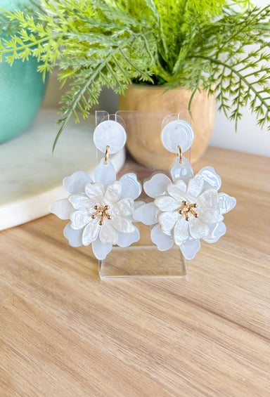 Just Us Floral Earrings, clear and white acrylic flower earrings with gold center