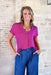 kerry blouse fuchsia, silky short sleeve v-neck blouse with front pleat