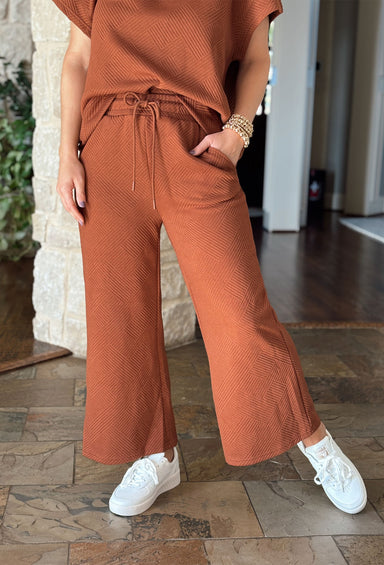 Kourtney Wide Leg Pants in Brown, textured wide leg pant with drawstring waist 