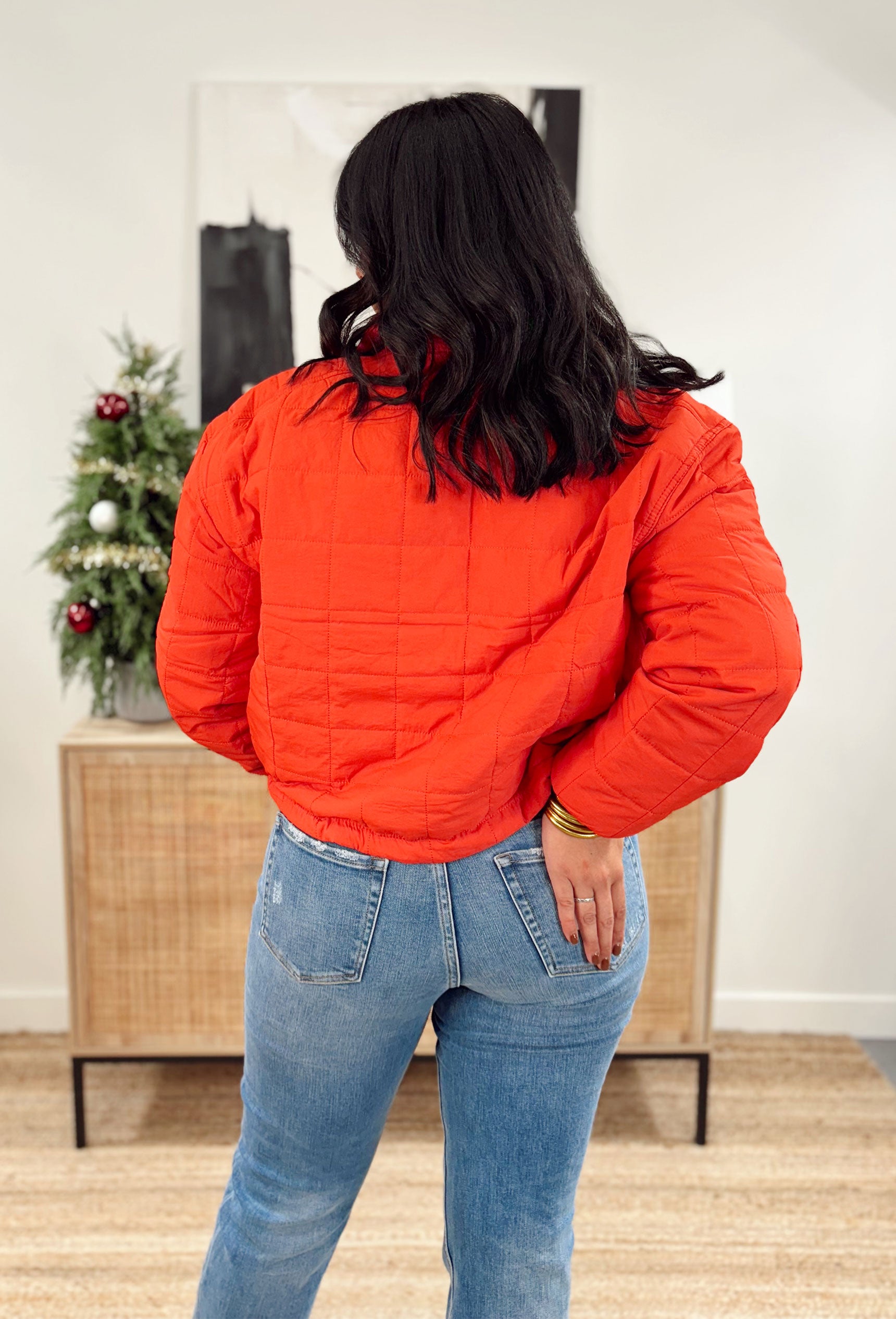 Layers Of Love Jacket in Tomato, quilted puffer zip-up jacket with drawstrings on the waist in tomato red