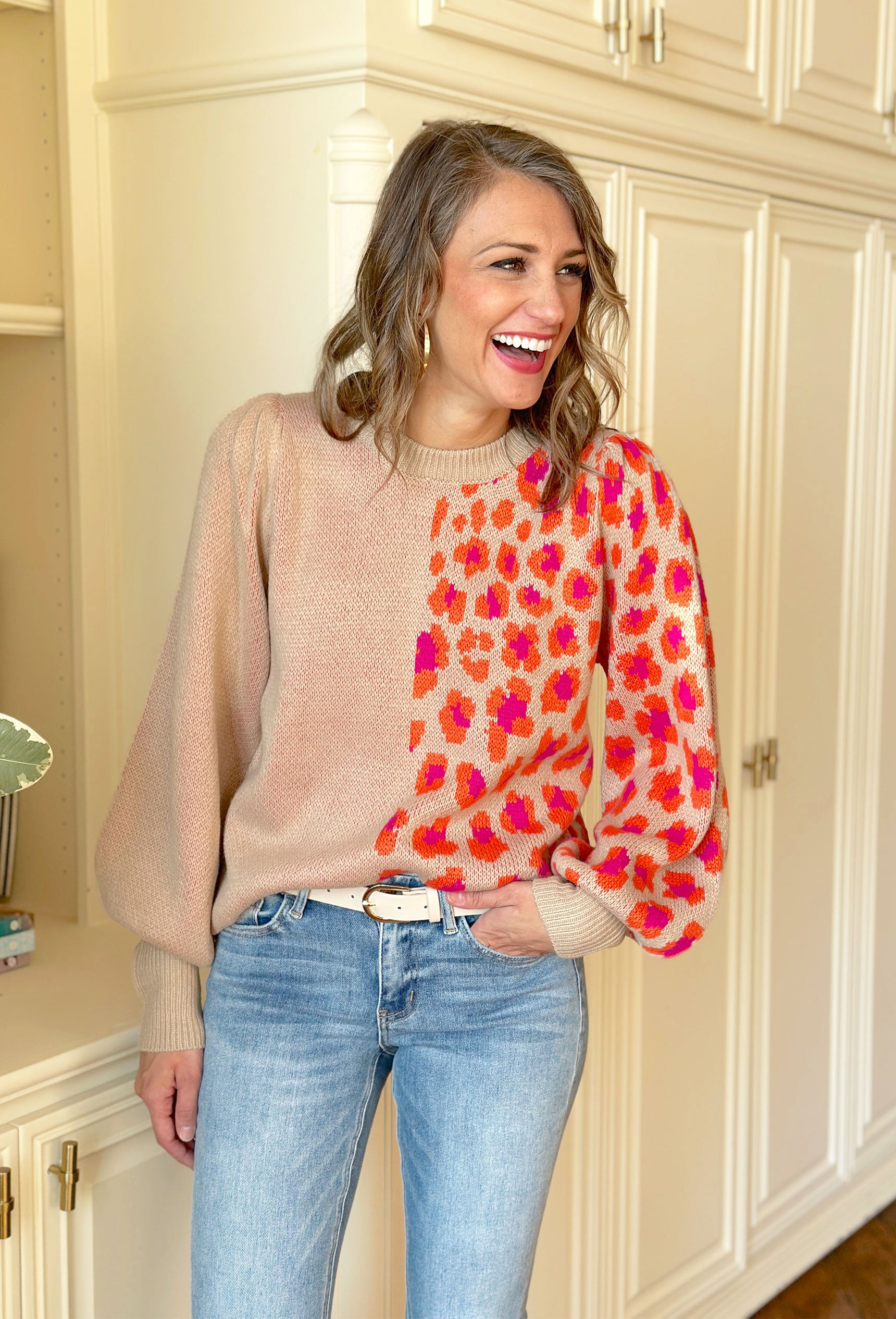 Leopard Love Sweater, tan sweater with half being pink and orange leopard