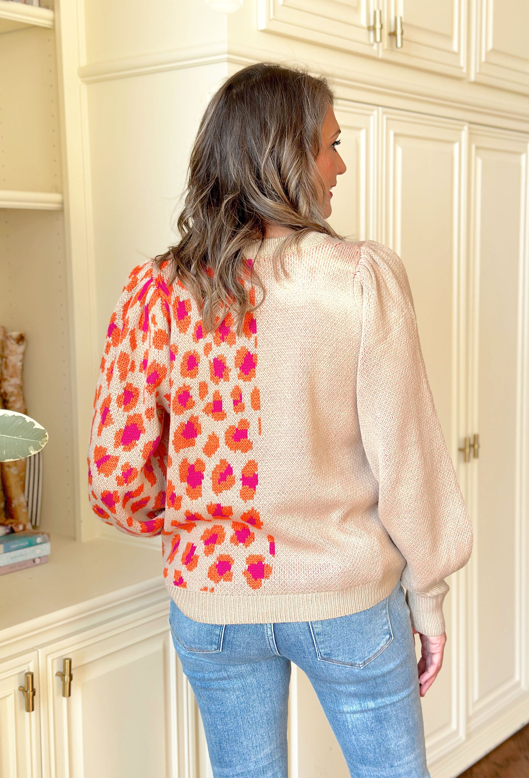 Leopard Love Sweater, tan sweater with half being pink and orange leopard