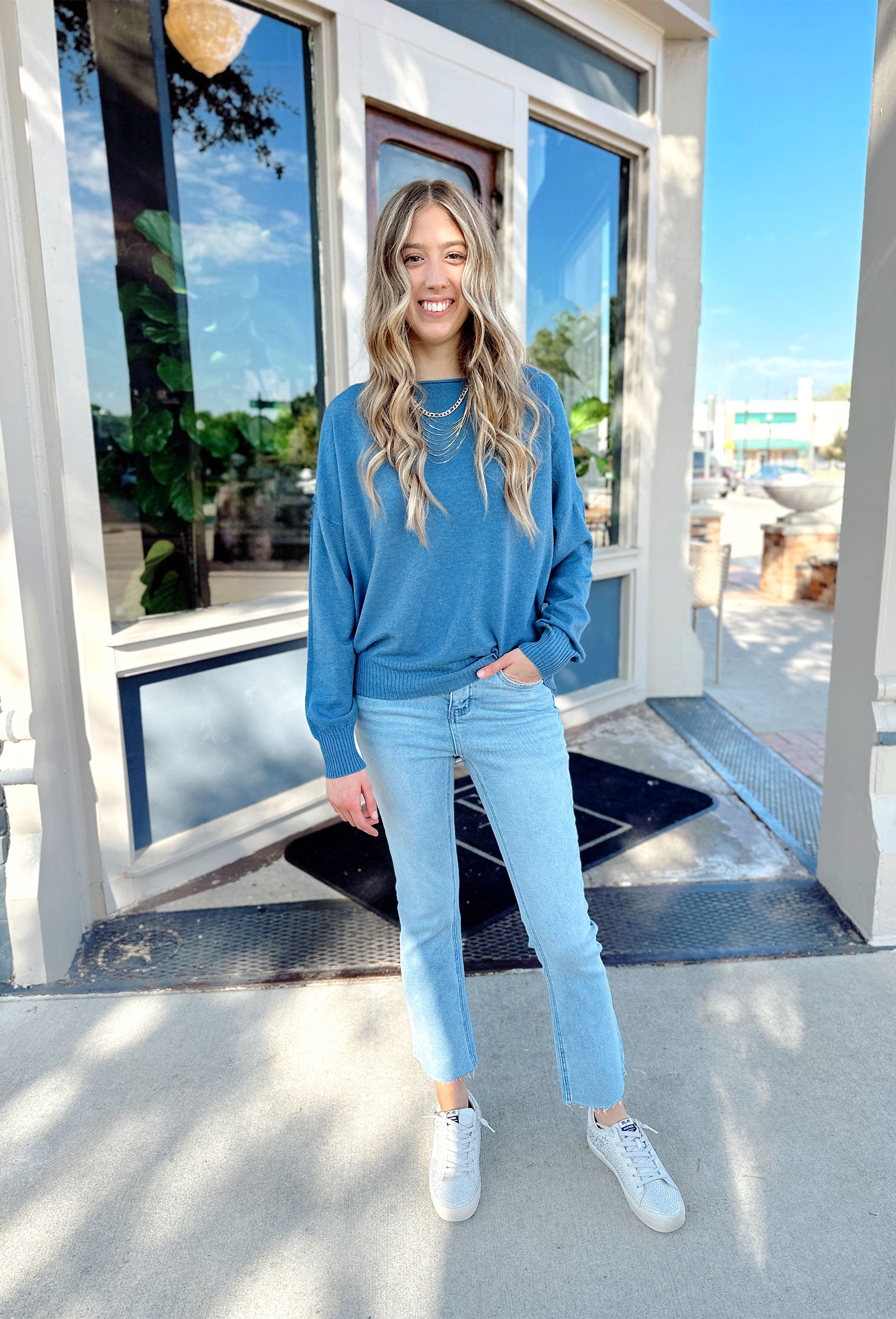 Lilly Sweater by Dreamers in Heathered Denim, mid length sweater with ribbing on the hem and wrists