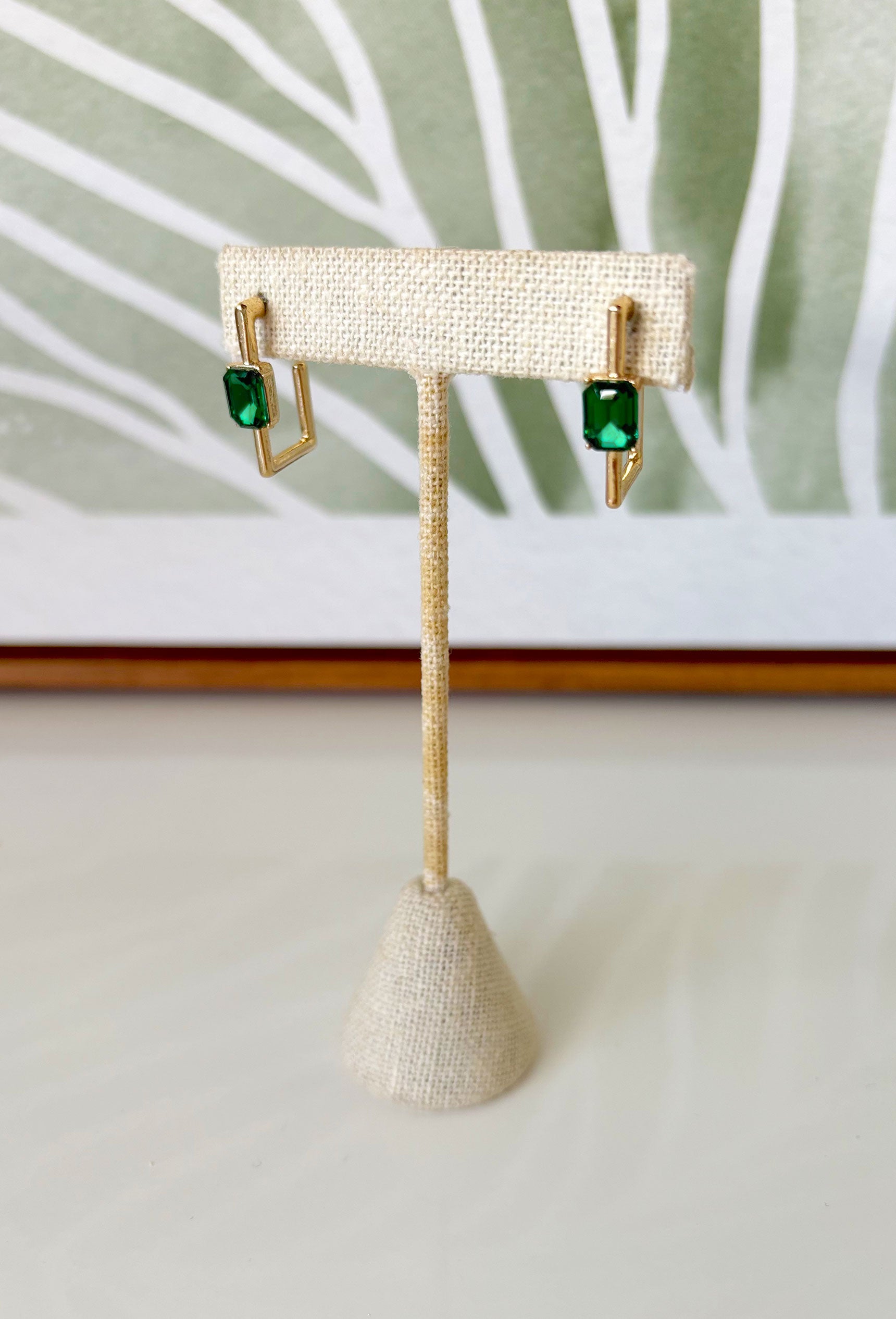 Loving You Is Easy Earrings, rectangle gold hoop with rectangle emerald rhinestone in the center