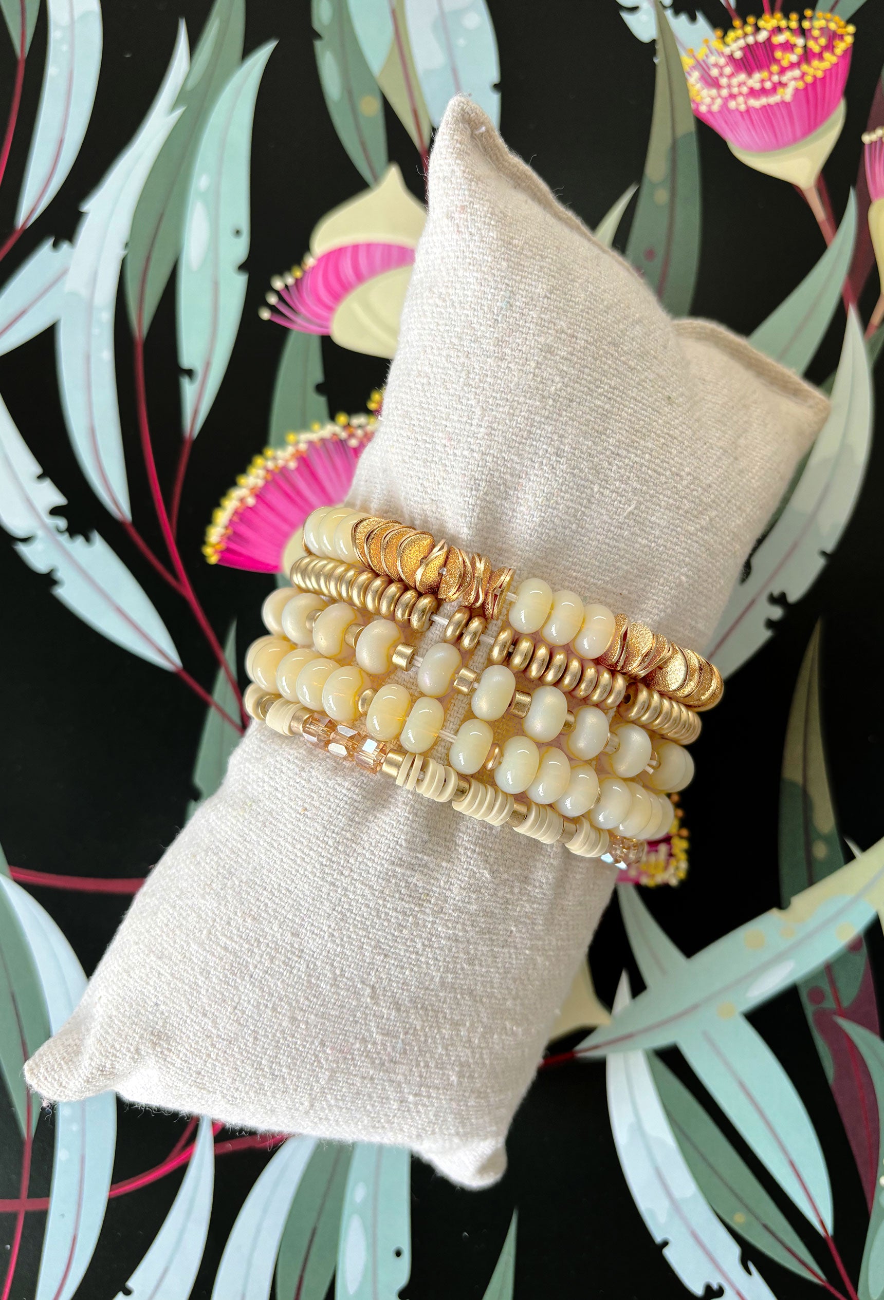 Madeline Beaded Bracelet Set in Gray, cream and gold beaded bracelet set