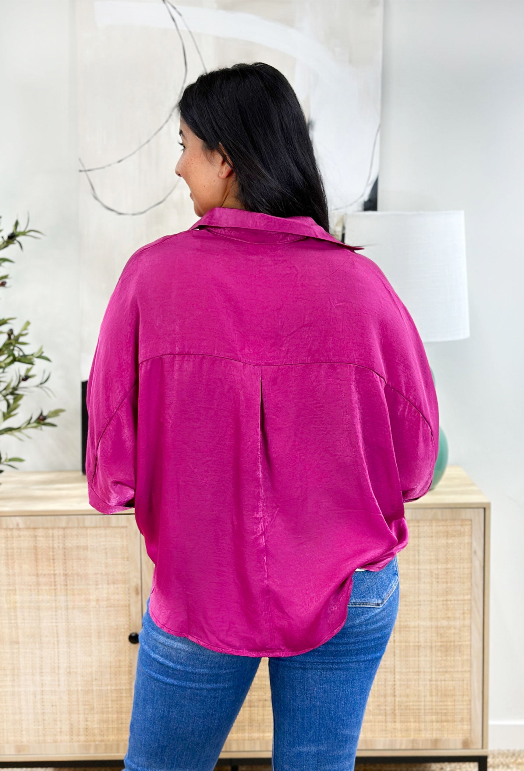 Any Day Now Blouse, magenta satin blouse with front picket, flowy sleeves, quarter button up and collar