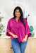 Any Day Now Blouse, magenta satin blouse with front picket, flowy sleeves, quarter button up and collar