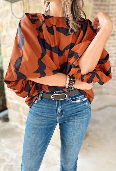 Make Your Choice Blouse, cognac and black abstract line blouse