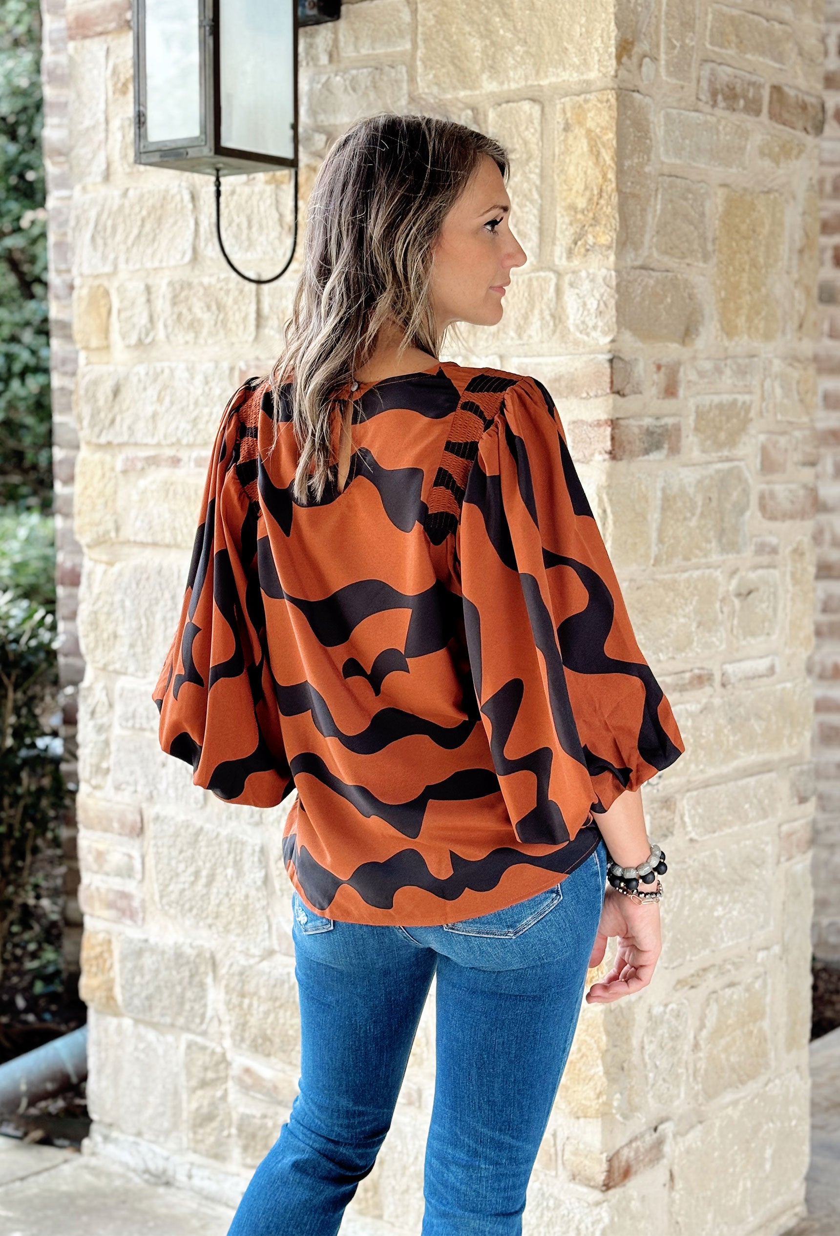 Make Your Choice Blouse, cognac and black abstract line blouse