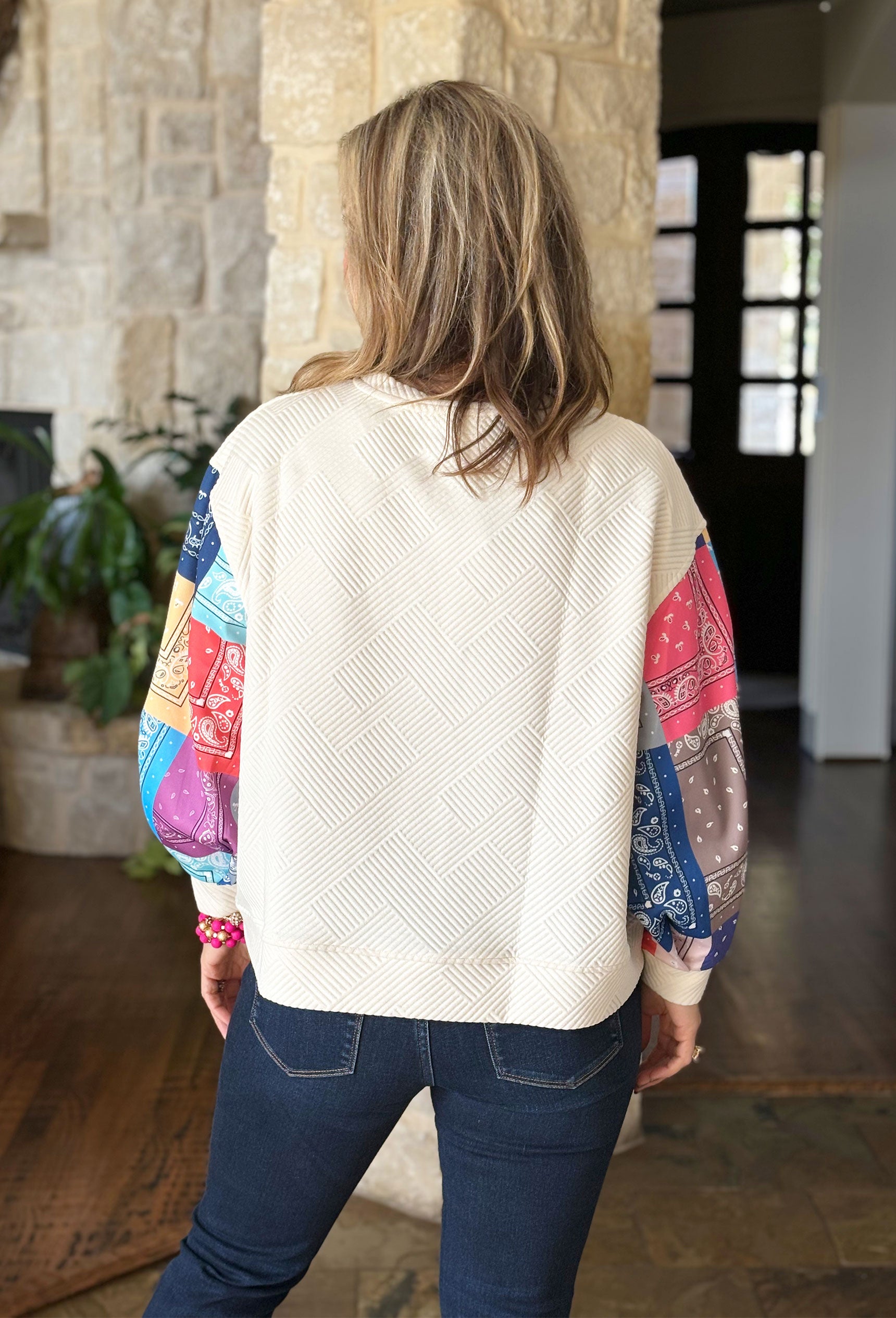 Makes Me Happy Pullover, textured cream top with bandana sleeves 