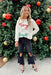 Merry & Bright Sweater, cream sweater with tinsel writing in red silver in green "merry and bright"