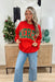 Merry Graphic Pullover, red crewneck with varsity font "MERRY" in green outline in glitter gold