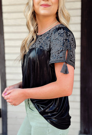 Midnight Kiss Top, black metallic top with embroidered floral print across the chest and sleeves