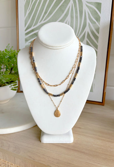Moment In Time Necklace, three layered necklace, one chain link, one grey and gold beaded, one thin chain with gold teardrop pendent 