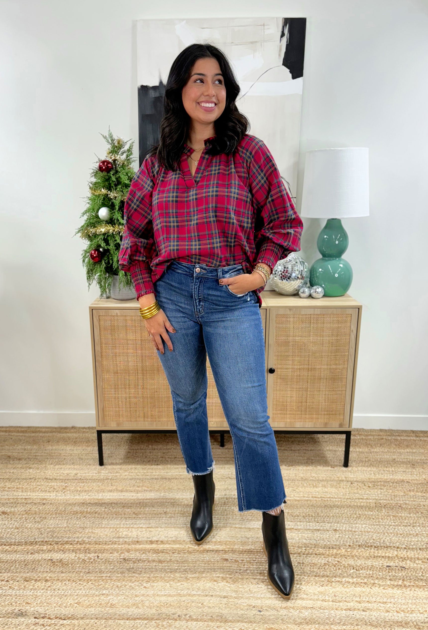 Moving Mountains Flannel Blouse, red blouse flannel with cinching on the sleeves
