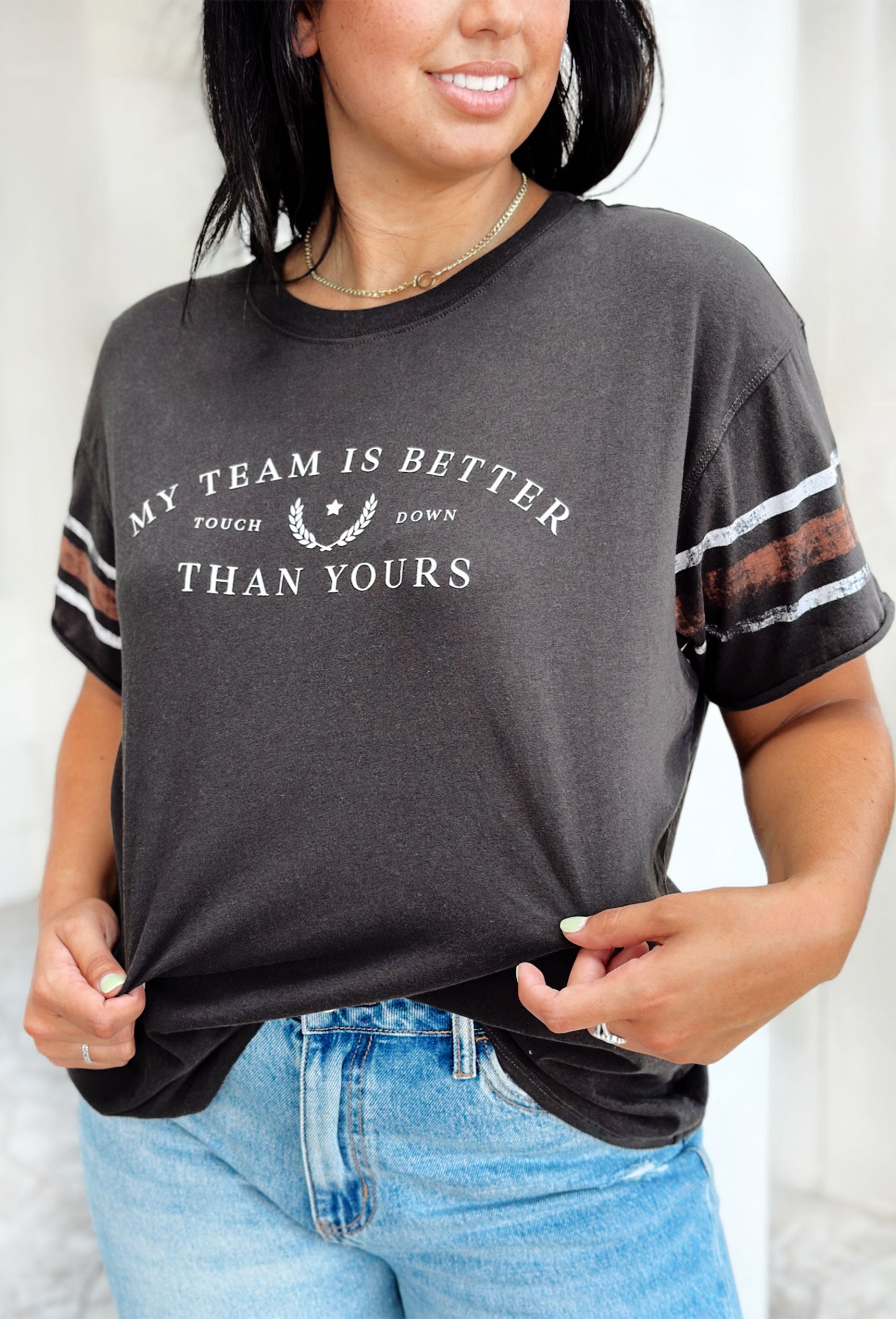 Z SUPPLY Boyfriend Team Tee, charcoal tee with varsity stripe on the sleeves with text "my team is better than yours"