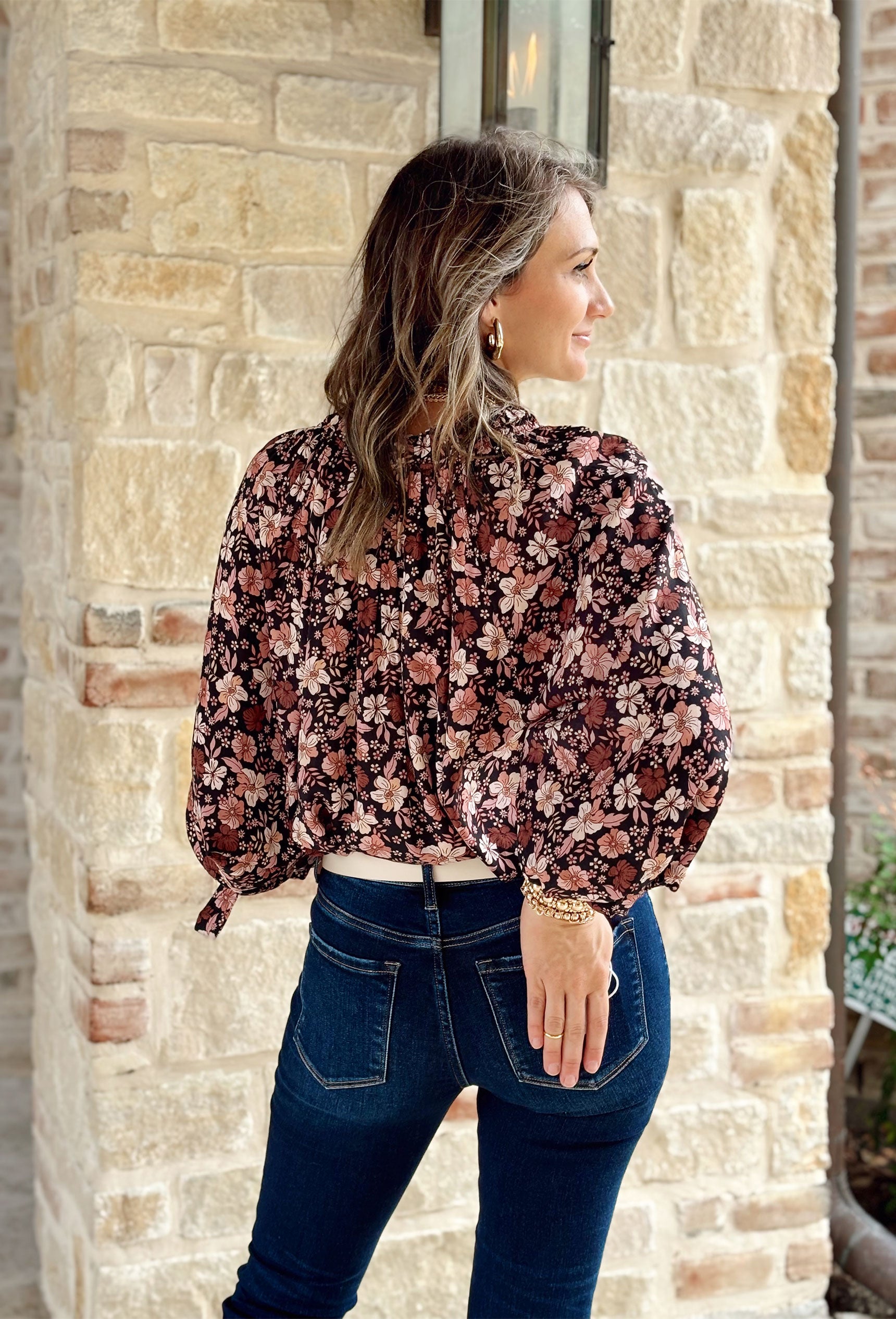 My Wishes Floral Blouse, black blouse with mauve, light pink, and terracotta floral printing on it