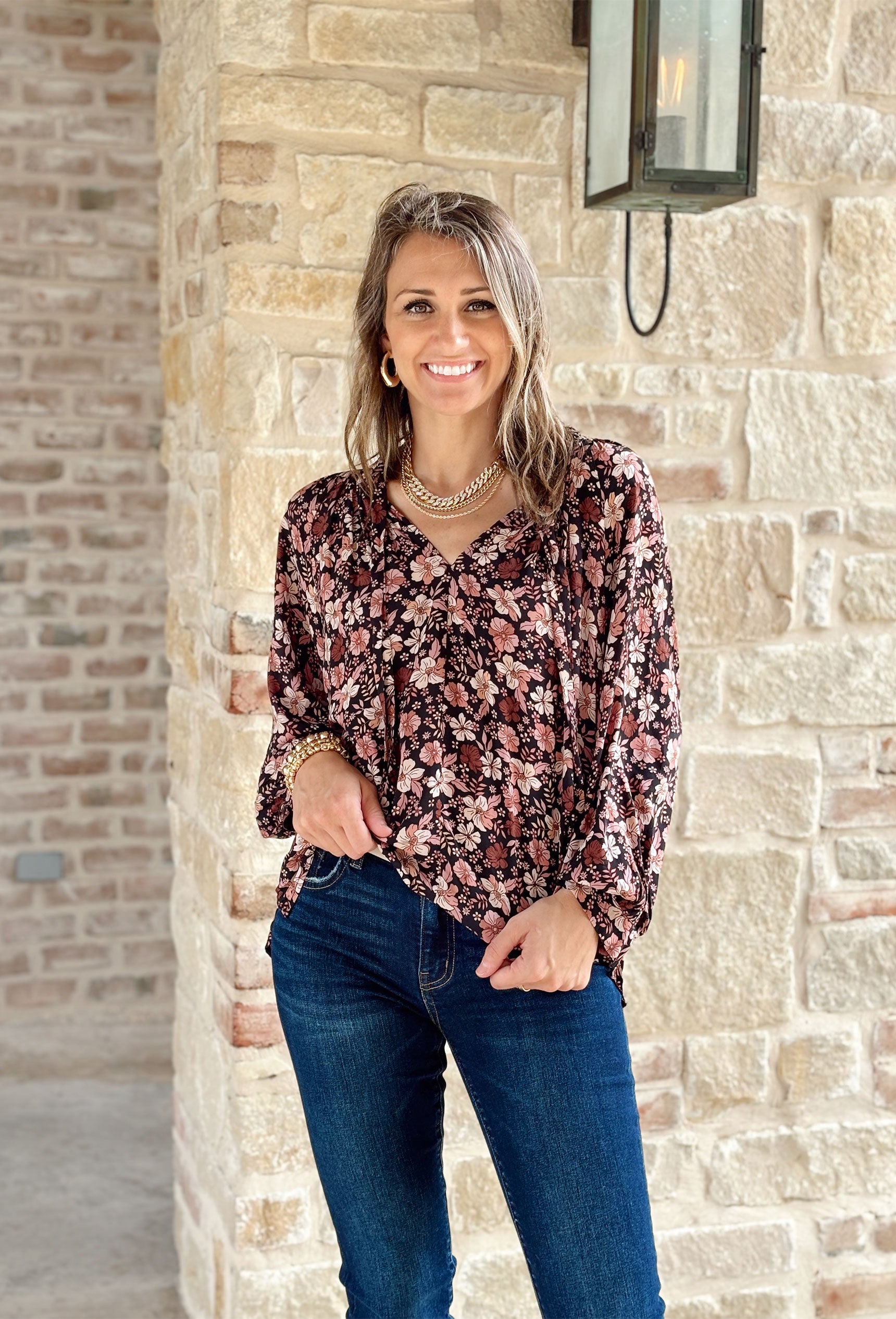 My Wishes Floral Blouse, black blouse with mauve, light pink, and terracotta floral printing on it