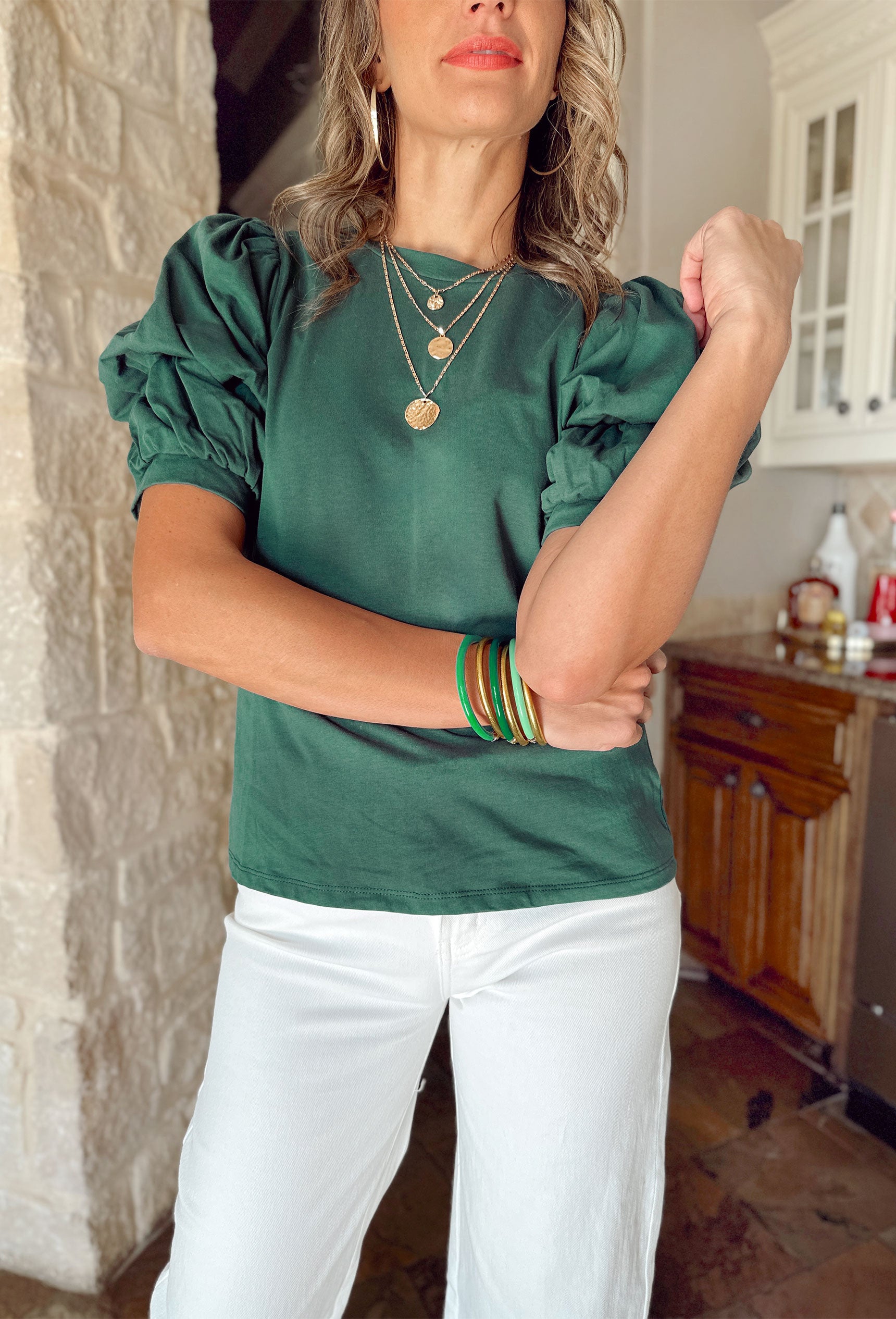 No Rules Top in Hunter Green, green puff sleeve top 