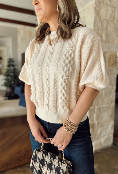 Out In Dallas Pearl Sweater, cream short sleeve corded sweater with pearls