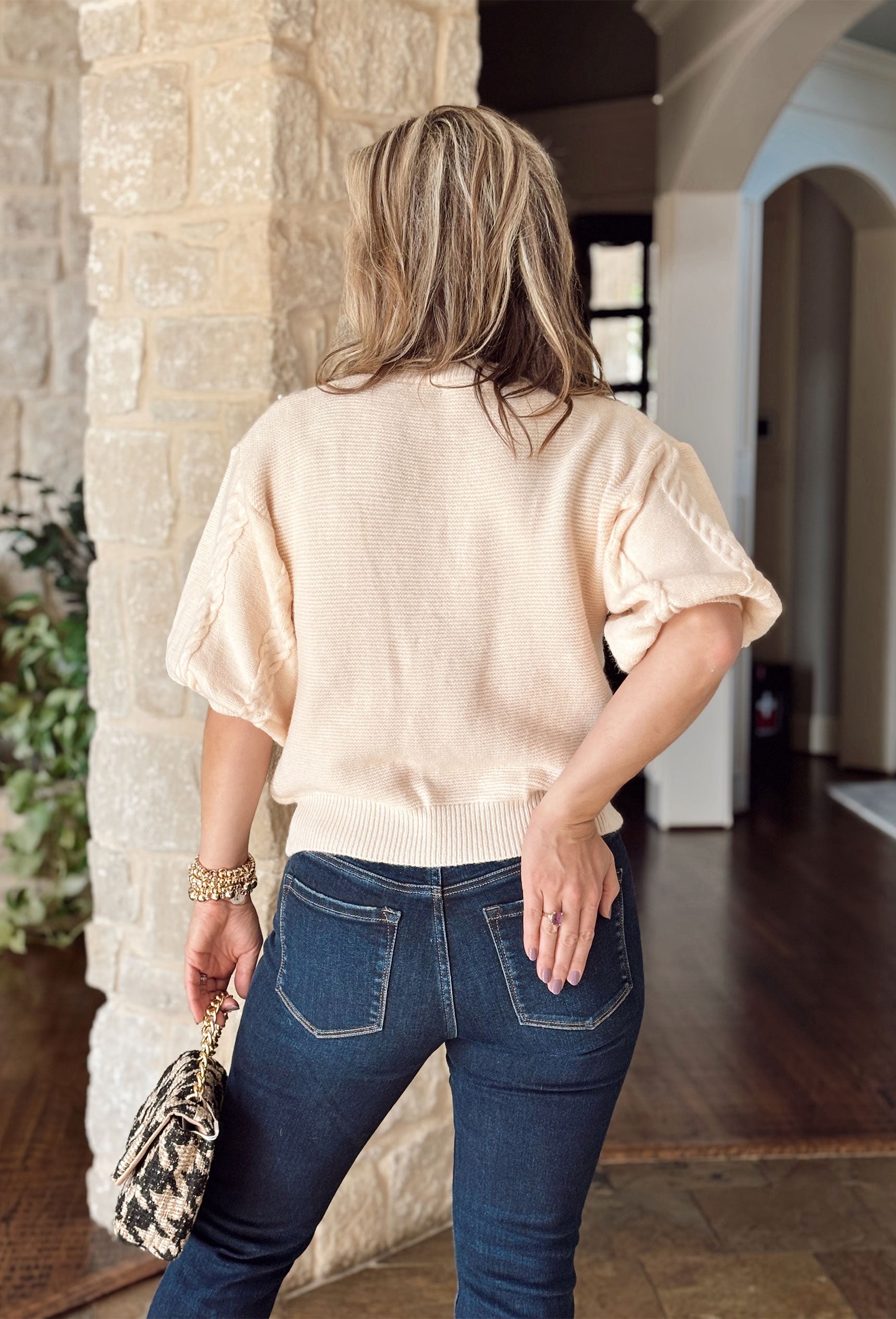 Out In Dallas Pearl Sweater, cream short sleeve corded sweater with pearls