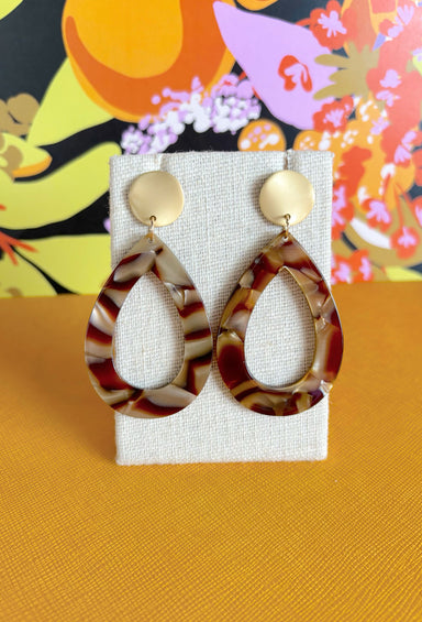 Out Of The Woods Earrings, gold post earring with brown marble acrylic tear drop