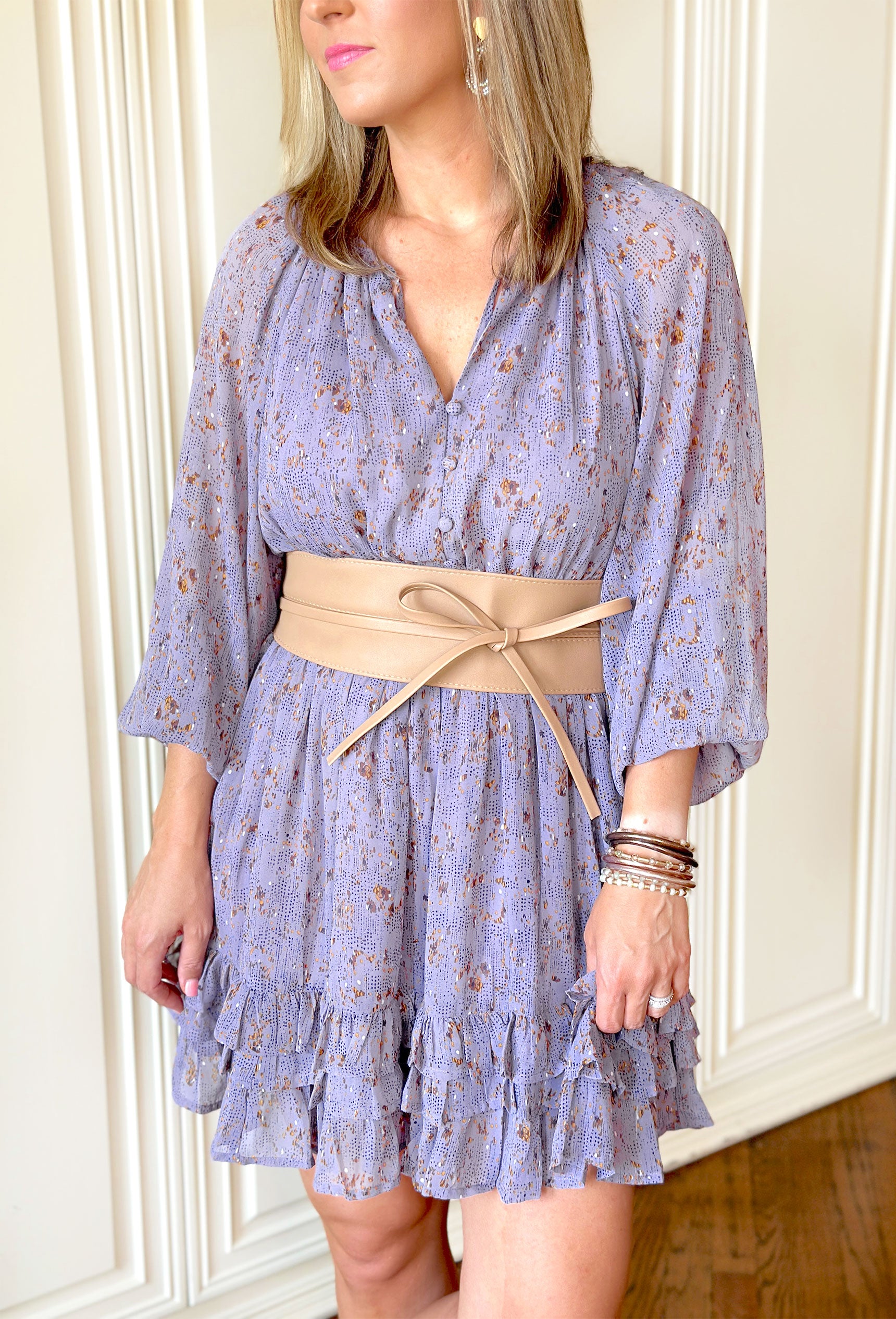 Over The Moon Dress, lilac long sleeve dress with taupe and brown detailing. V-neck with button detailings down the front