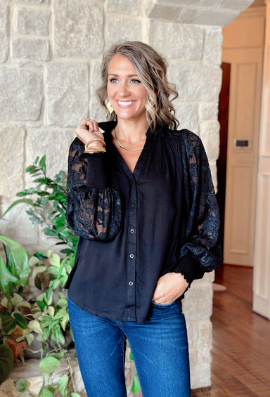 Paris Streets Top, black button up long sleeve blouse with lace/mesh sleeves embroidered with flowers 